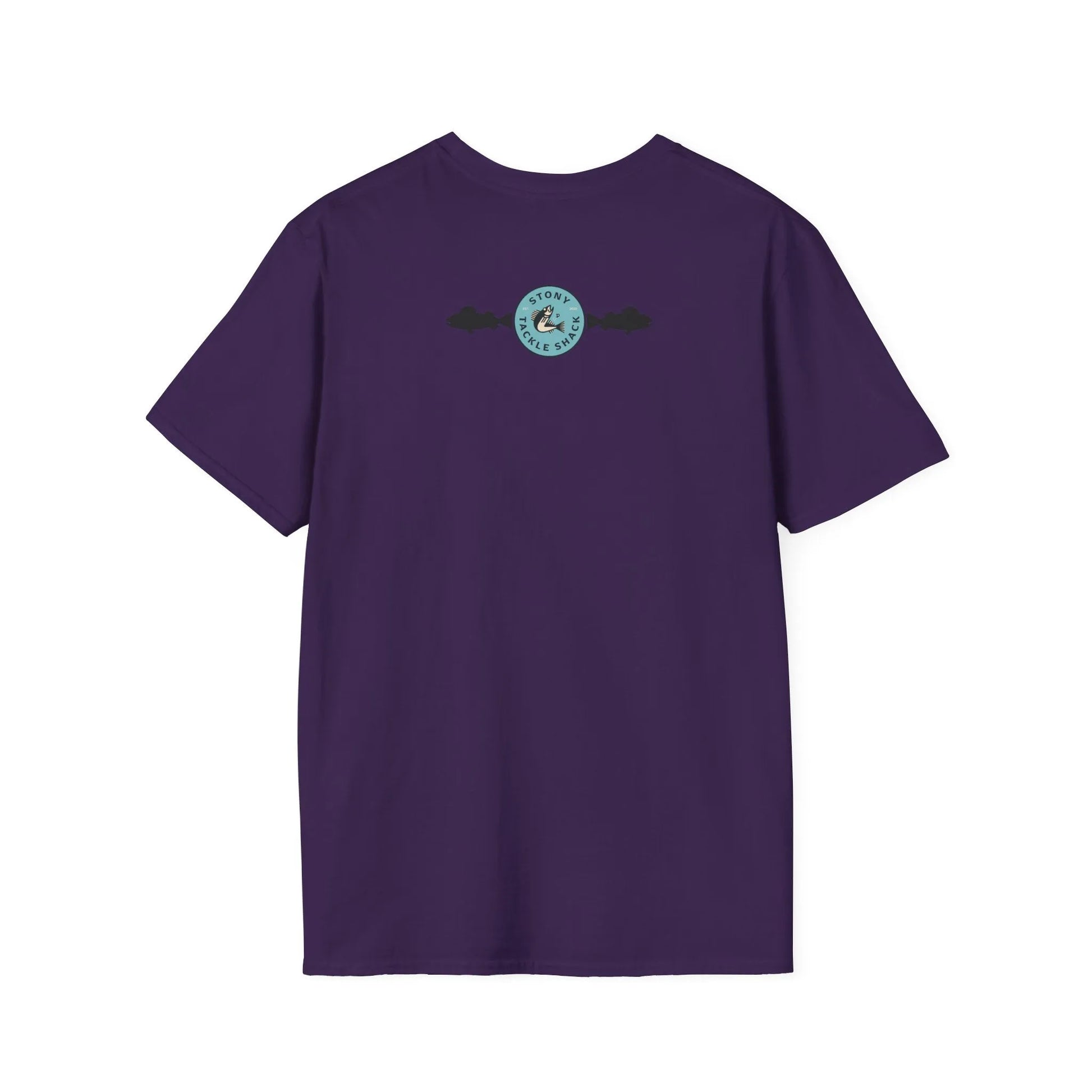 Purple t-shirt with a logo on the back against a white background