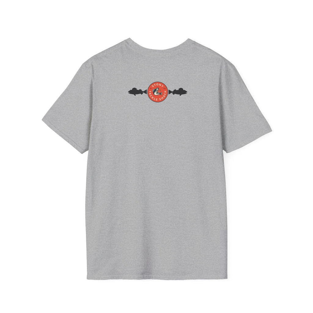 Gray t-shirt with a logo on the back against a white background