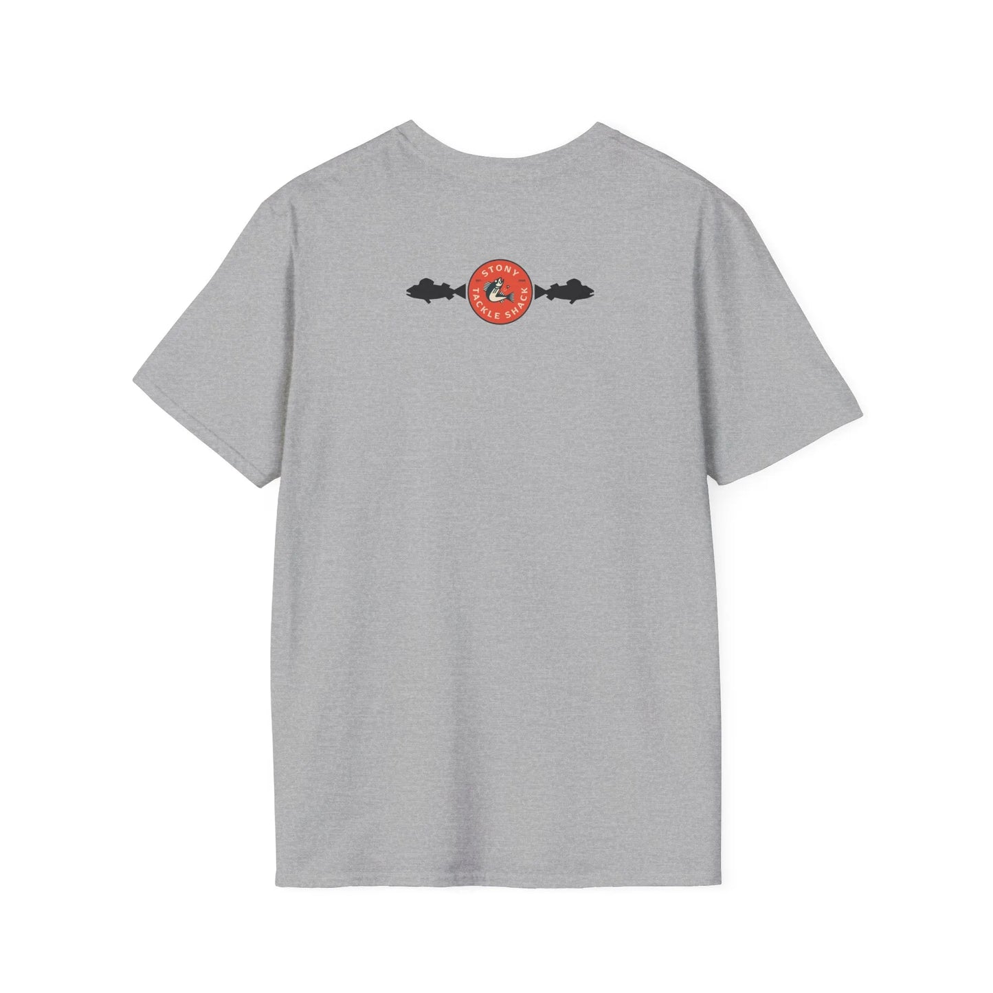 Gray t-shirt with a logo on the back against a white background