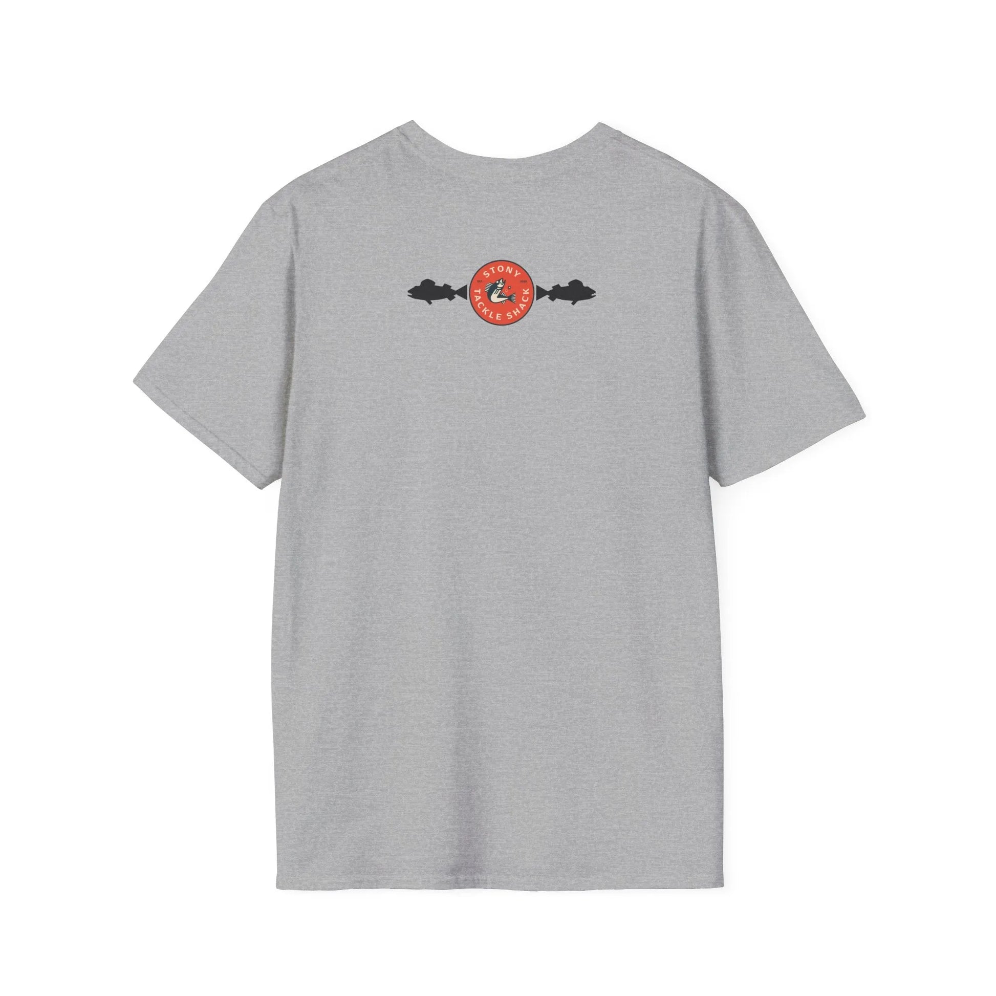 Gray t-shirt with a logo on the back against a white background