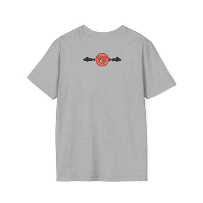 Gray t-shirt with a logo on the back against a white background