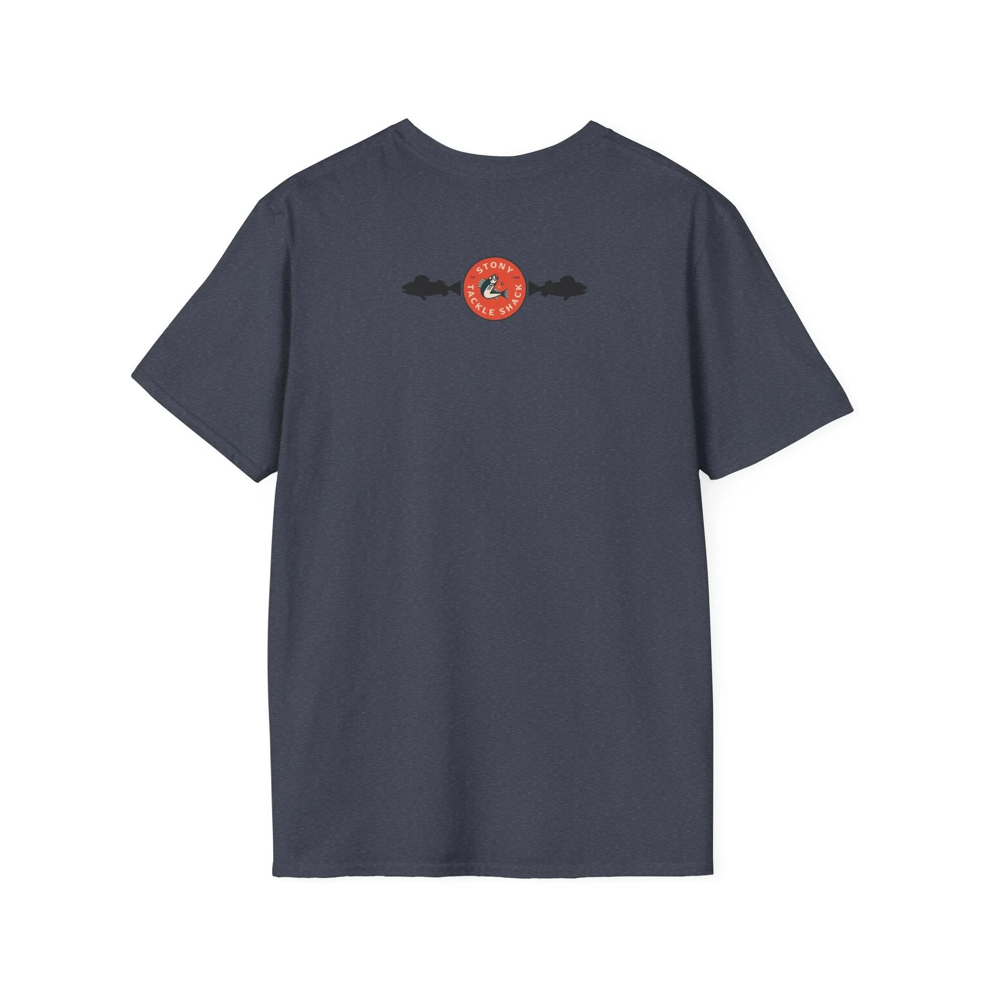 Dark Gray t-shirt with a logo on the back against a white background