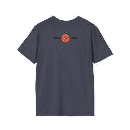 Dark Gray t-shirt with a logo on the back against a white background