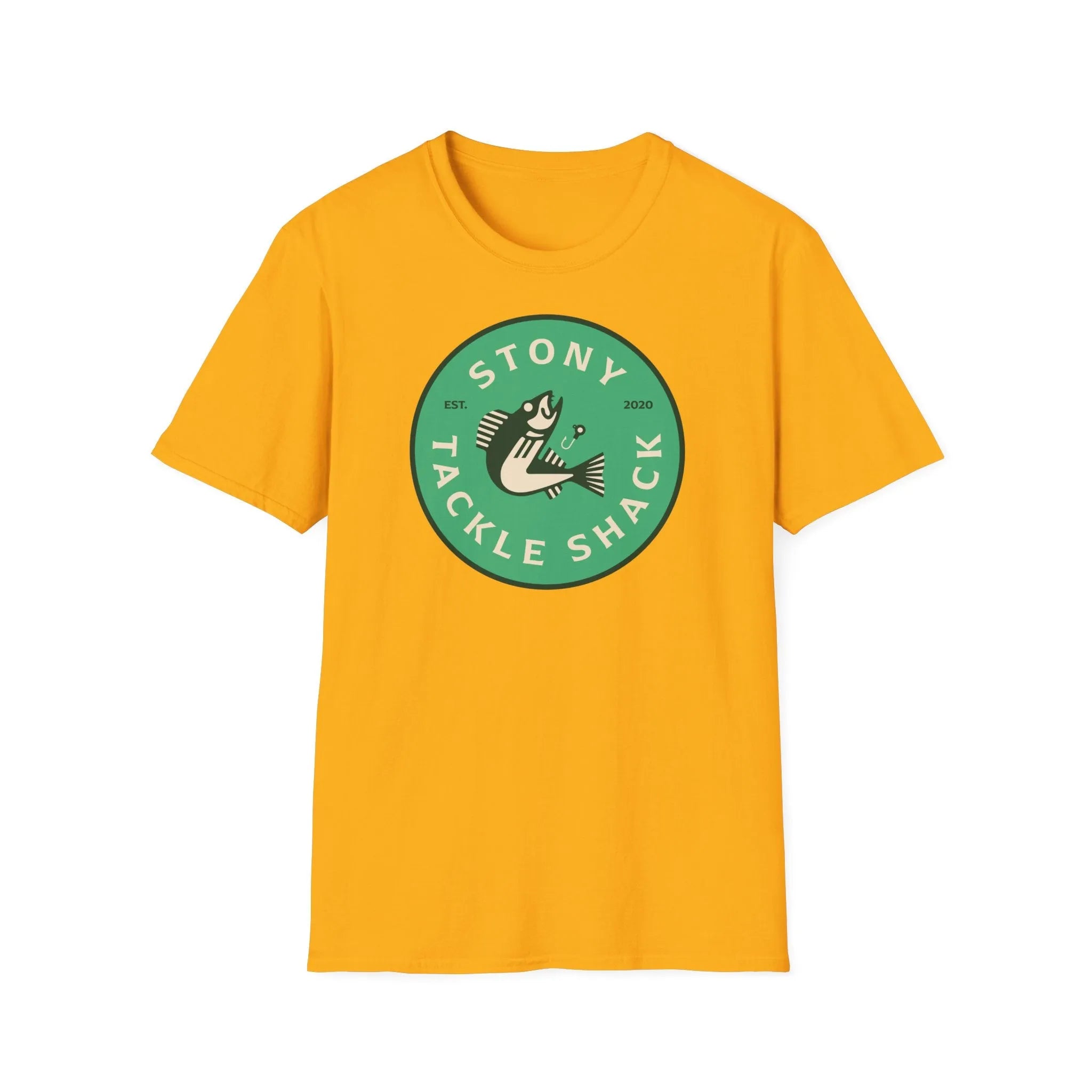 Yellow t-shirt with a green logo and text on a white background