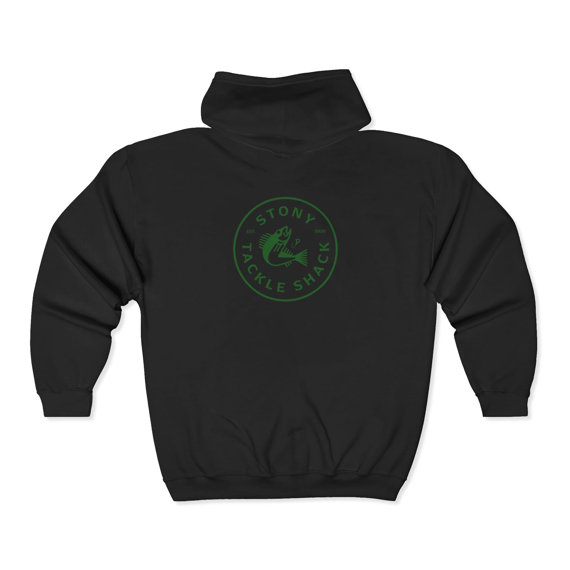 Black hoodie with green logo on a white background