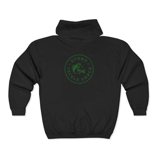 Black hoodie with green logo on a white background