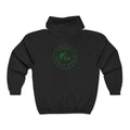 Black hoodie with green logo on a white background