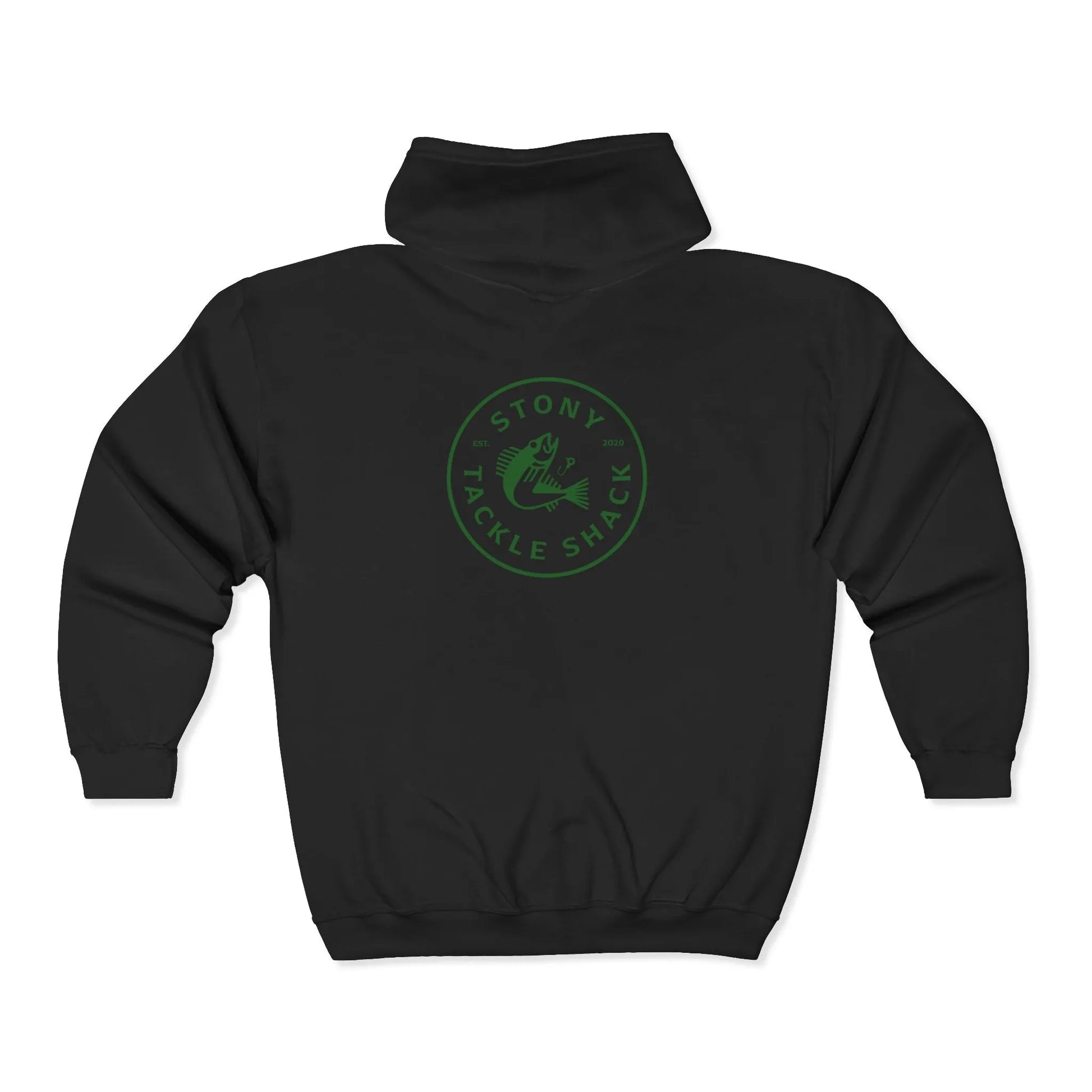 Black hoodie with green logo on a white background