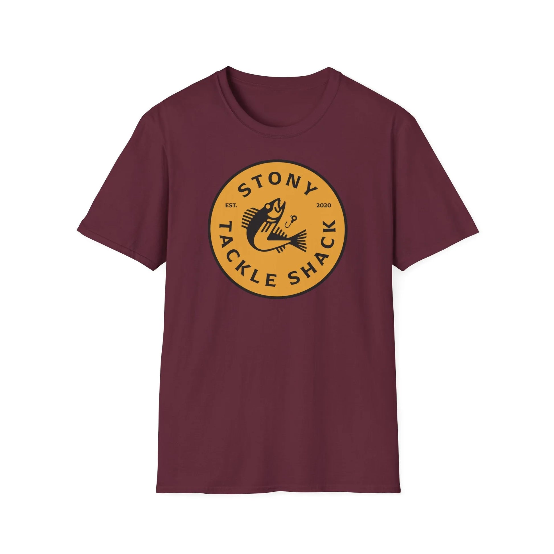 Maroon t-shirt with yellow 'Stony Tackle Shack' logo on a white background