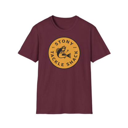 Maroon t-shirt with yellow 'Stony Tackle Shack' logo on a white background
