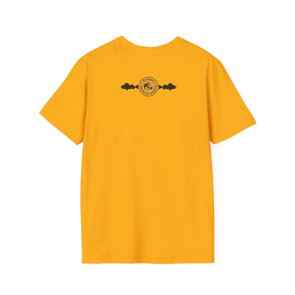 Yellow t-shirt with a black logo on the back against a white background