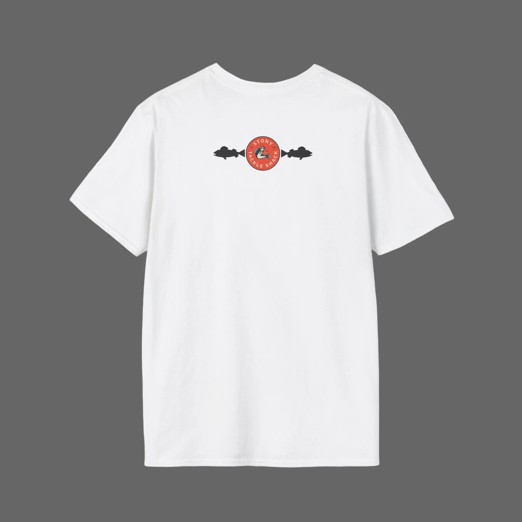 White t-shirt with a small red and black logo on the back against a grey background