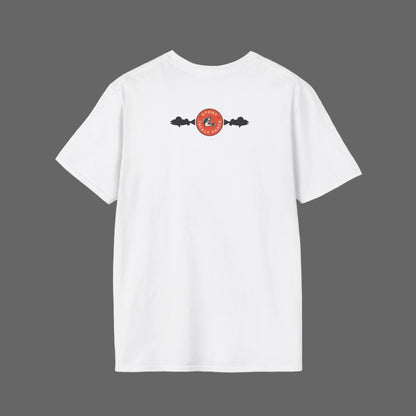 White t-shirt with a small red and black logo on the back against a grey background