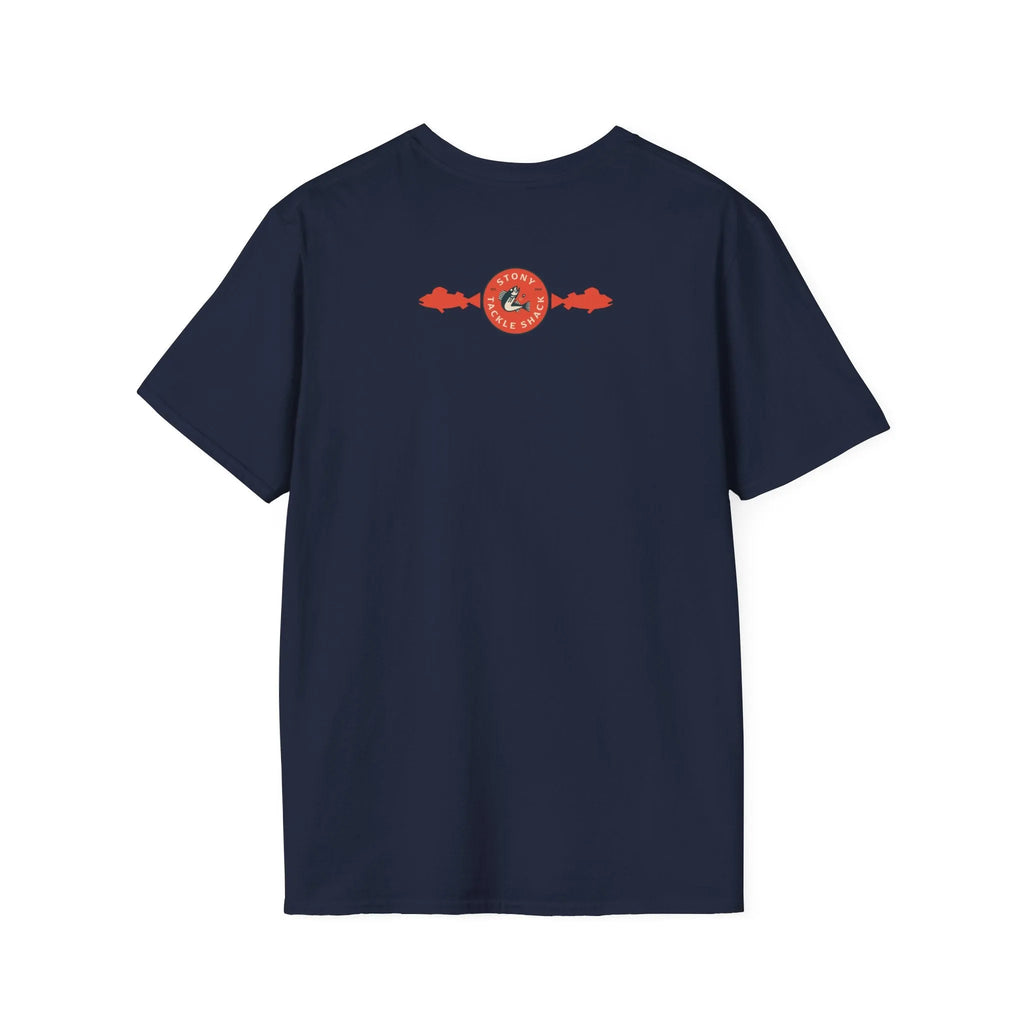 Navy blue t-shirt with a red and white logo on the back against a white background