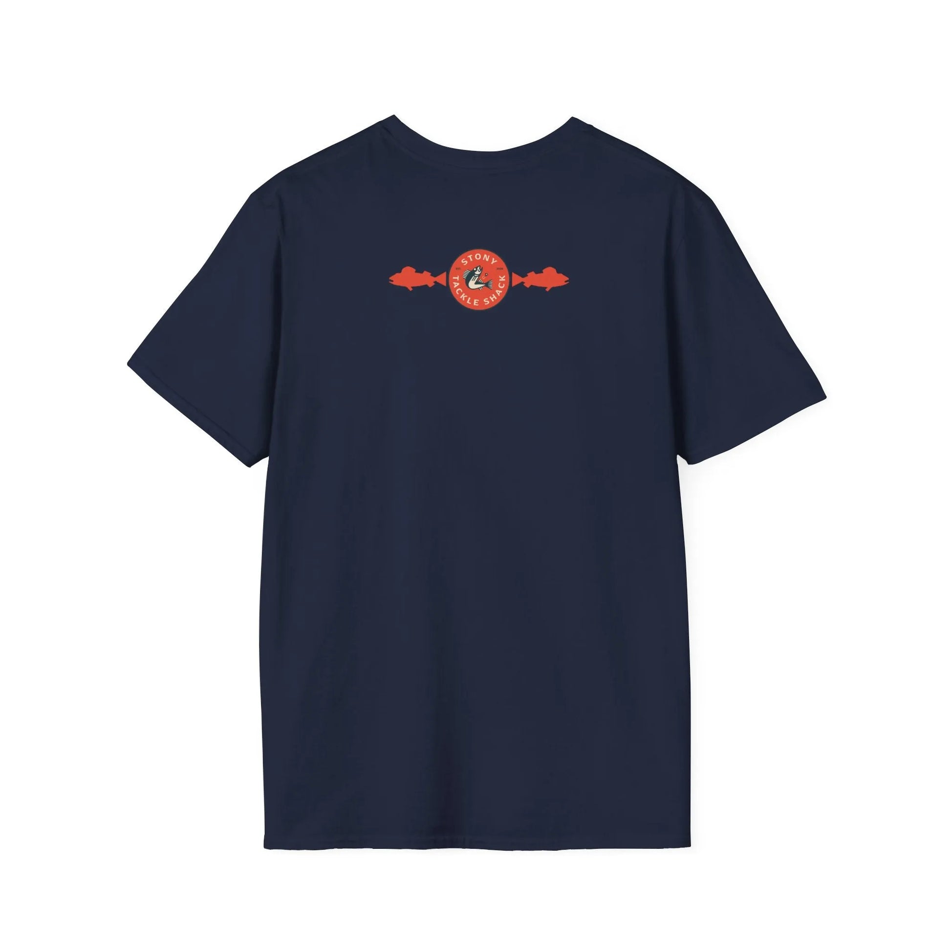 Navy blue t-shirt with a red and white logo on the back against a white background
