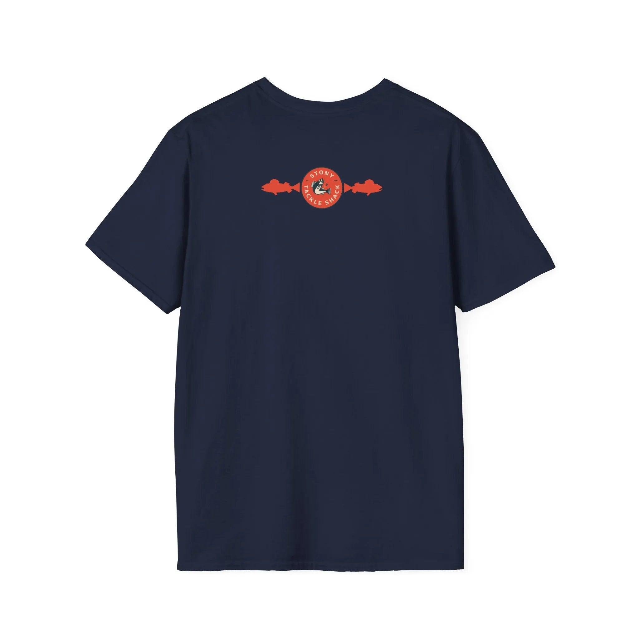 Navy blue t-shirt with a red and white logo on the back against a white background