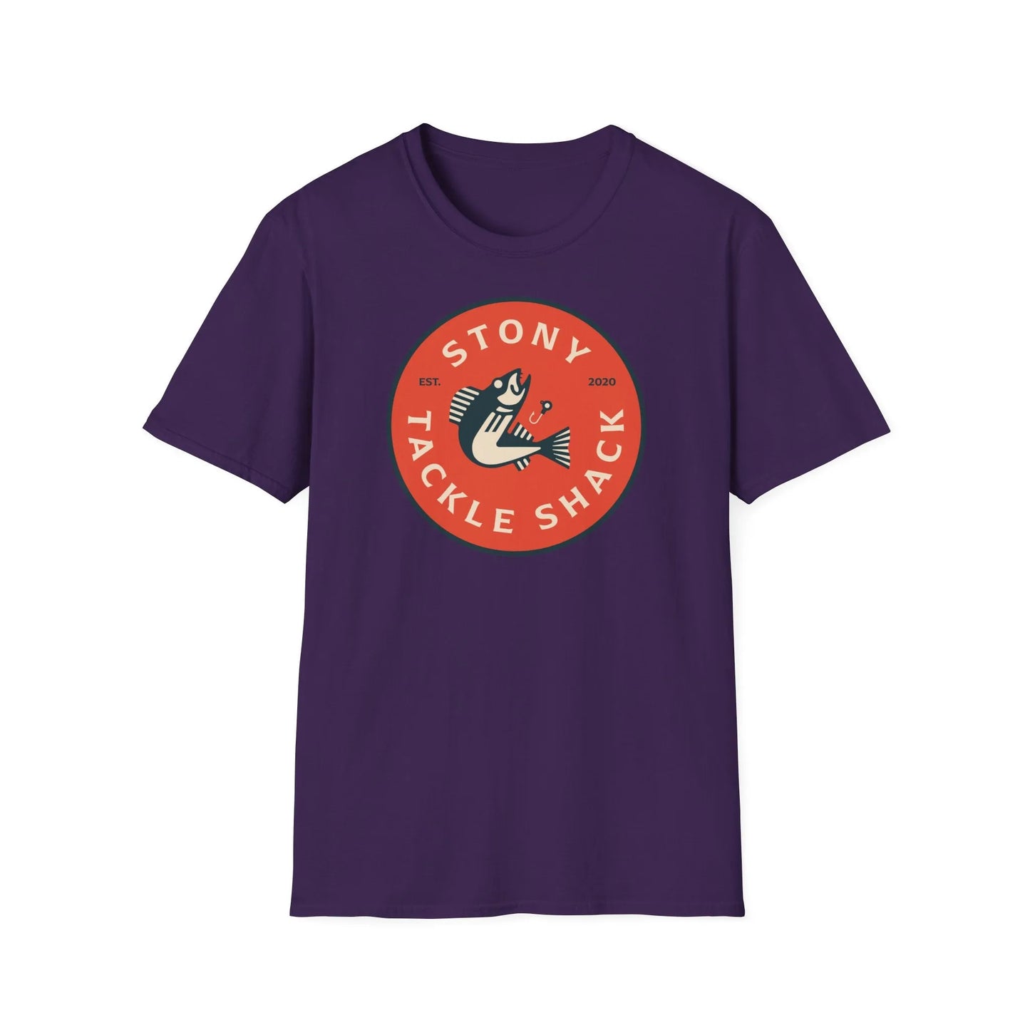Purple t-shirt with red 'Stony Tackle Shack' logo on a white background