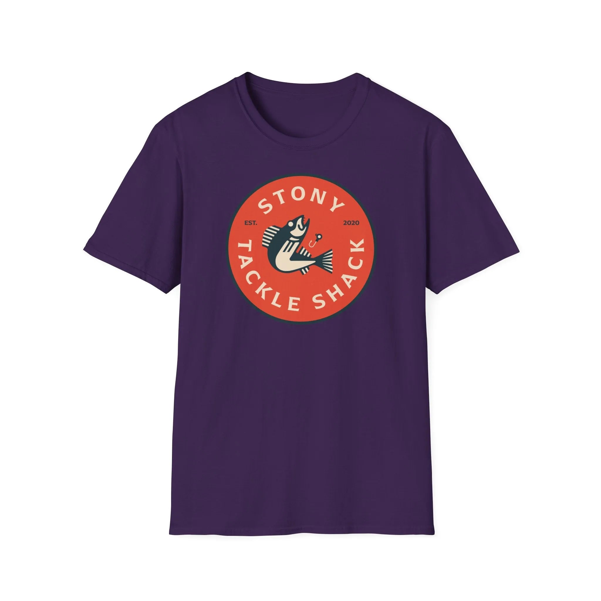 Purple t-shirt with red 'Stony Tackle Shack' logo on a white background