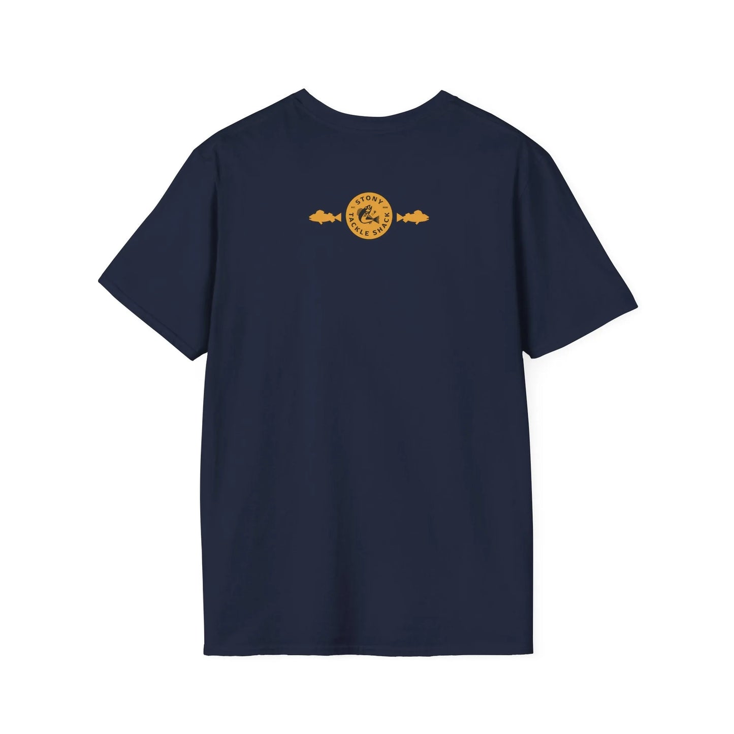 Navy blue t-shirt with a yellow logo on the back against a white background