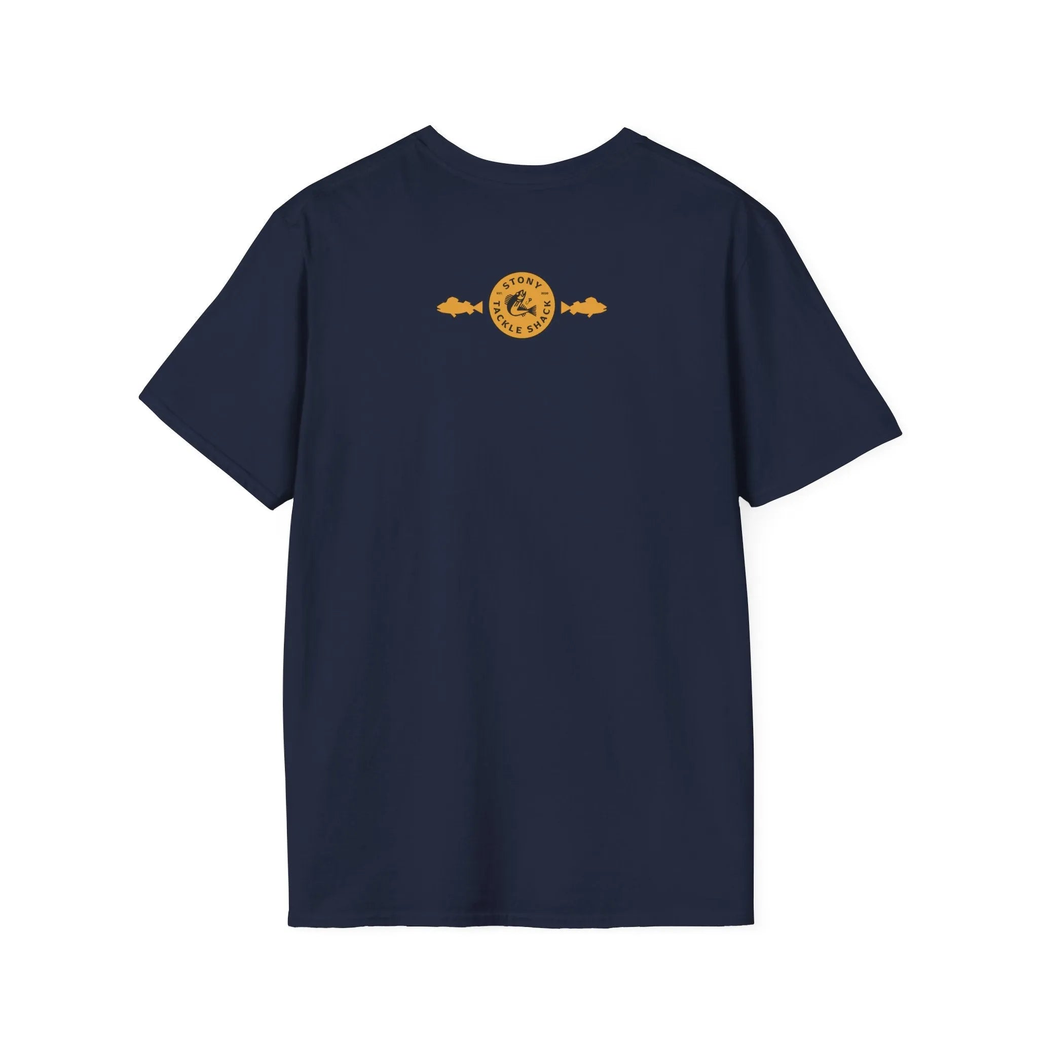Navy blue t-shirt with a yellow logo on the back against a white background