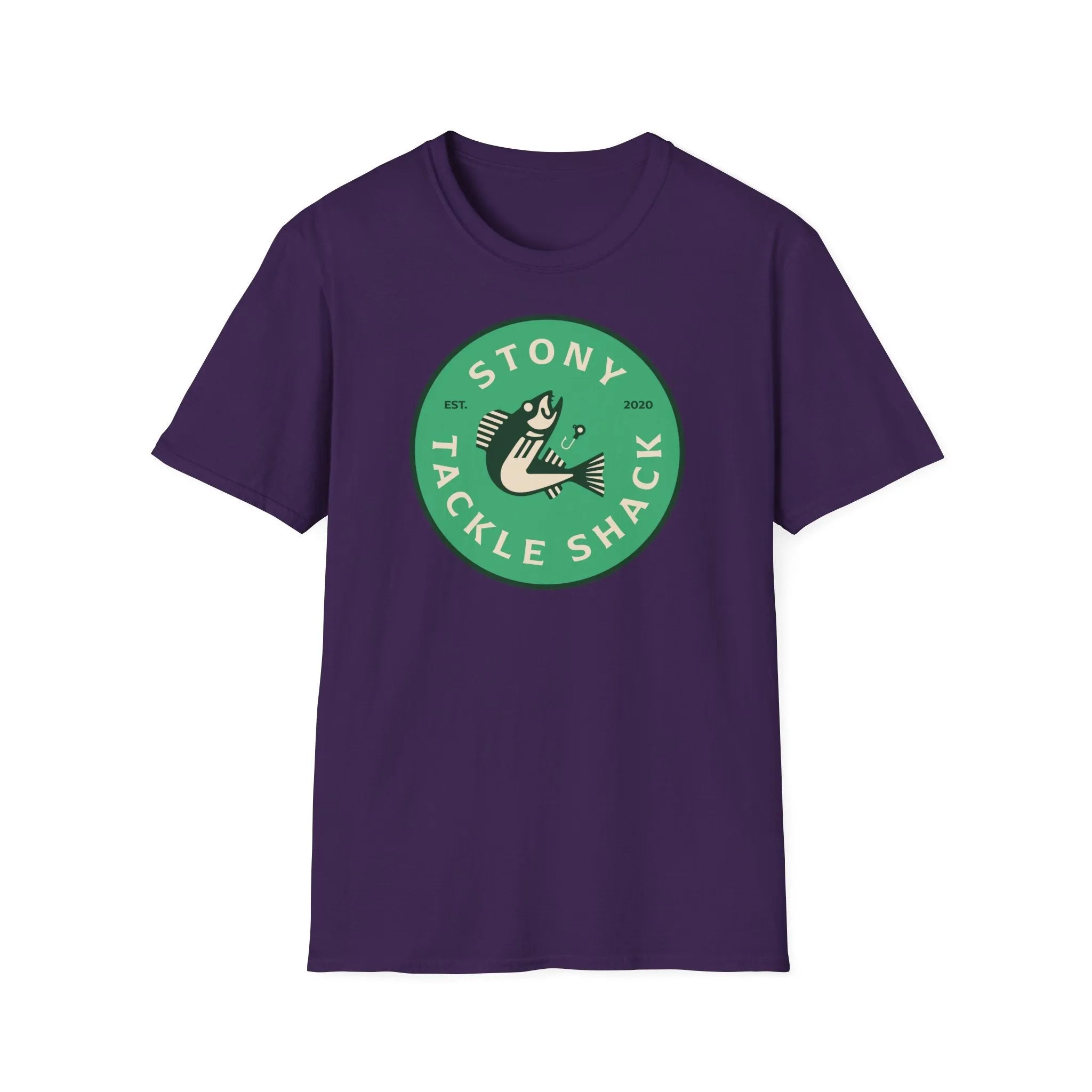 Purple t-shirt with a green logo on a white background