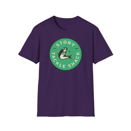 Purple t-shirt with a green logo on a white background