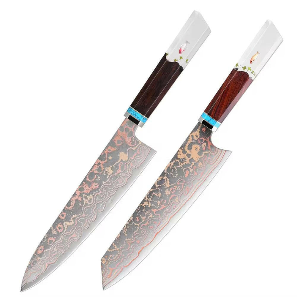 Two Damascus steel knives with wooden handles on a white background