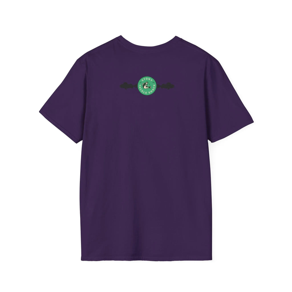 Purple t-shirt with a green logo on the back against a white background