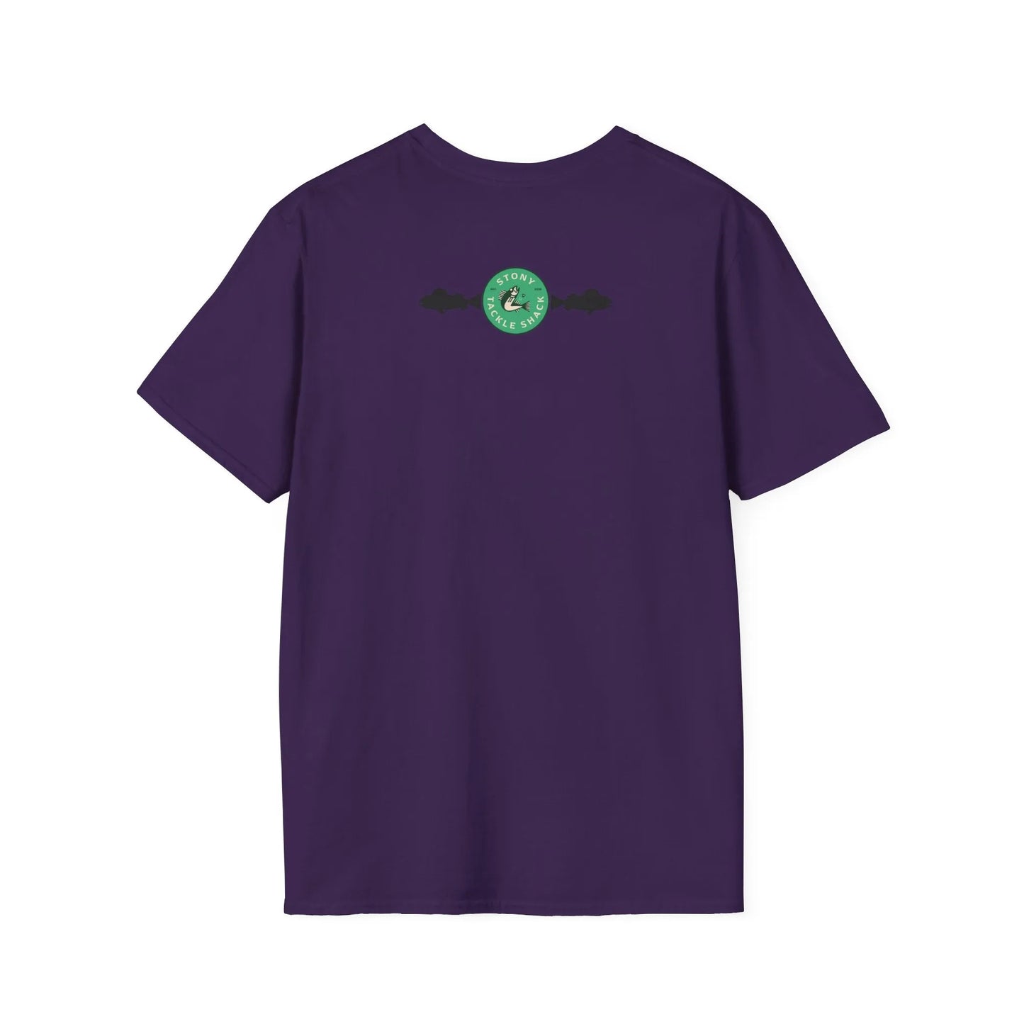 Purple t-shirt with a green logo on the back against a white background