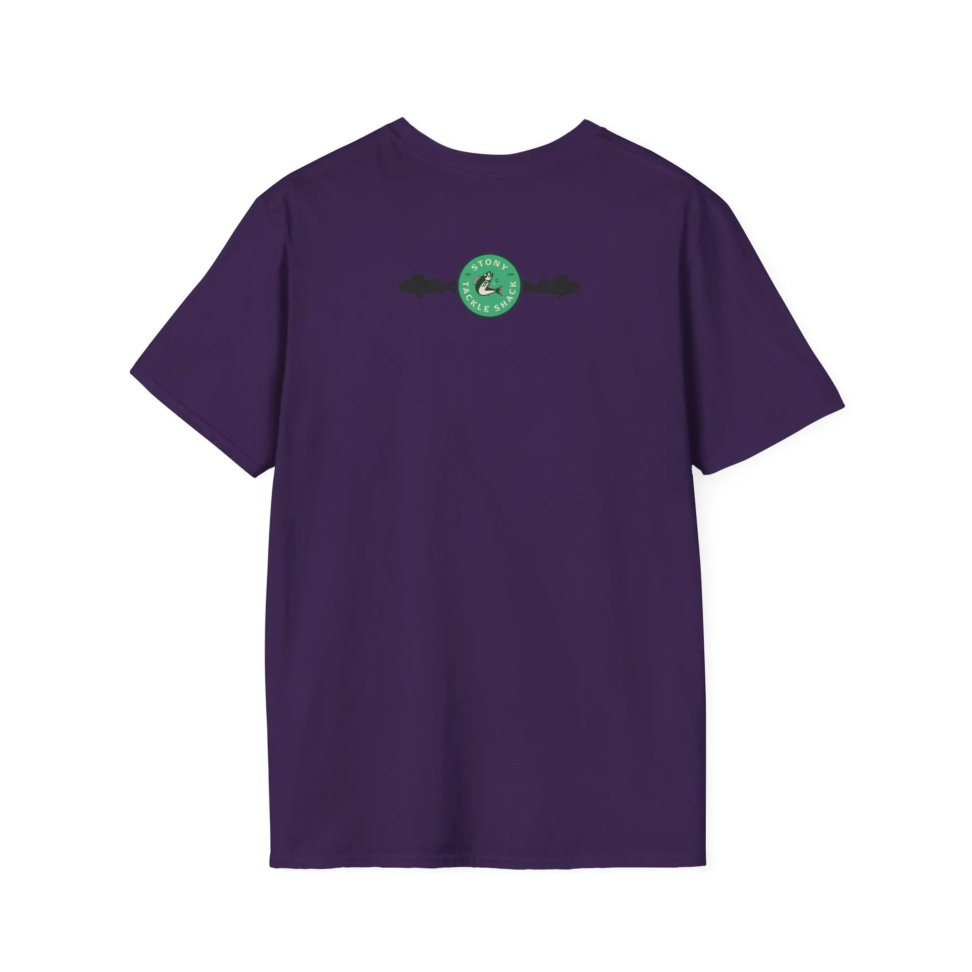 Purple t-shirt with a green logo on the back against a white background