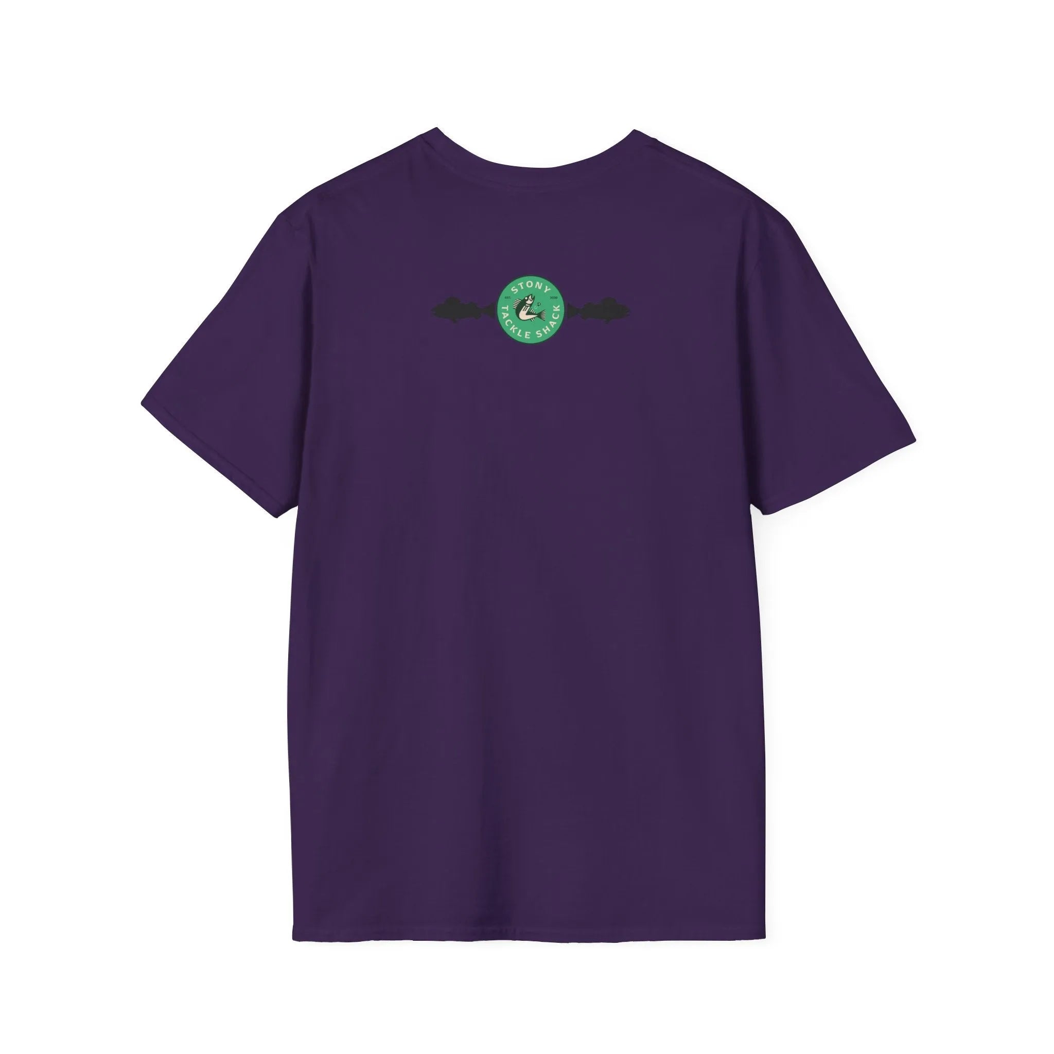 Purple t-shirt with a green logo on the back against a white background