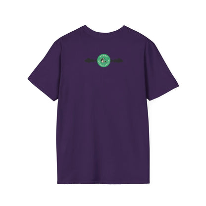 Purple t-shirt with a green logo on the back against a white background