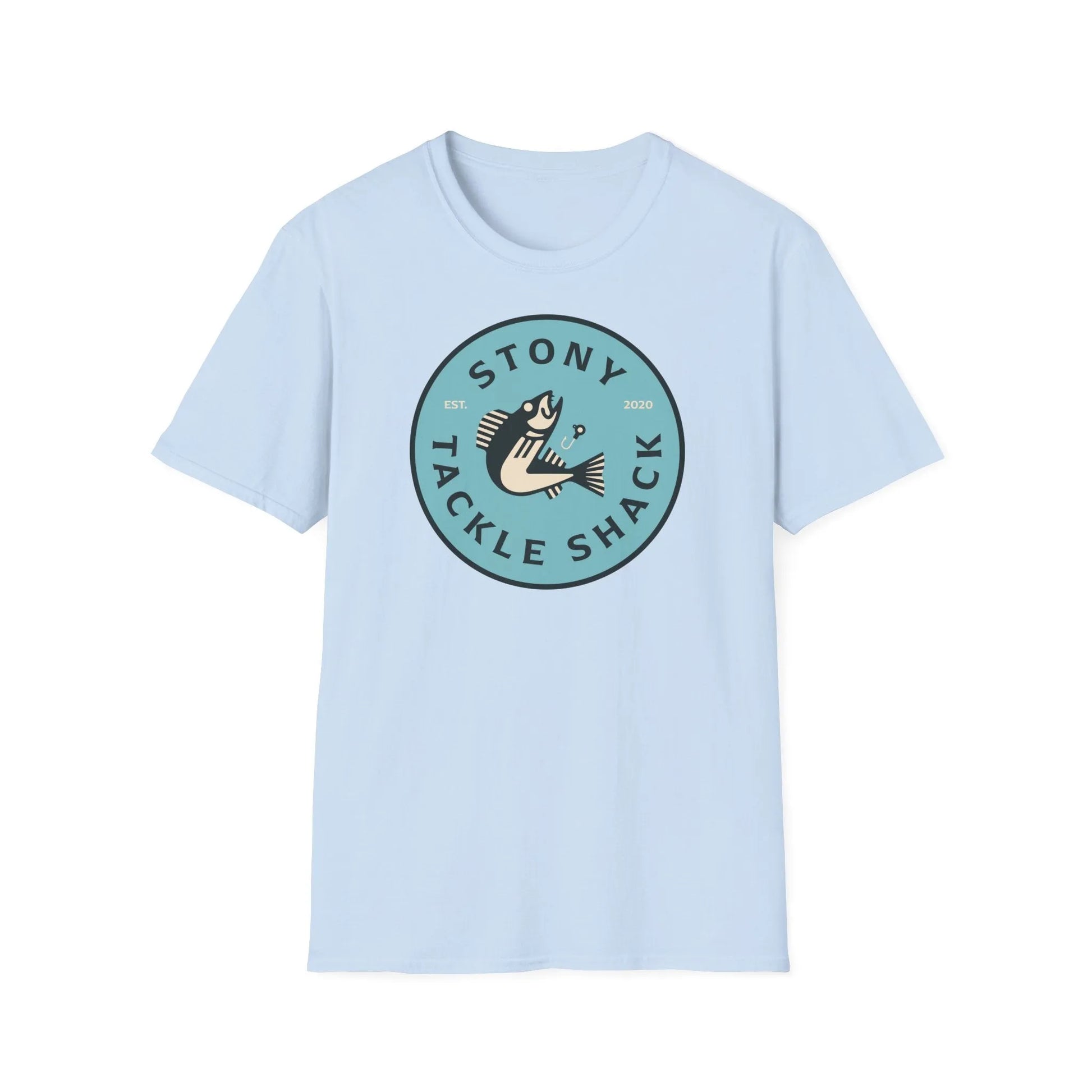 Light blue t-shirt with 'Stony Tackle Shack' logo on a white background