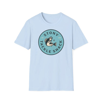 Light blue t-shirt with 'Stony Tackle Shack' logo on a white background