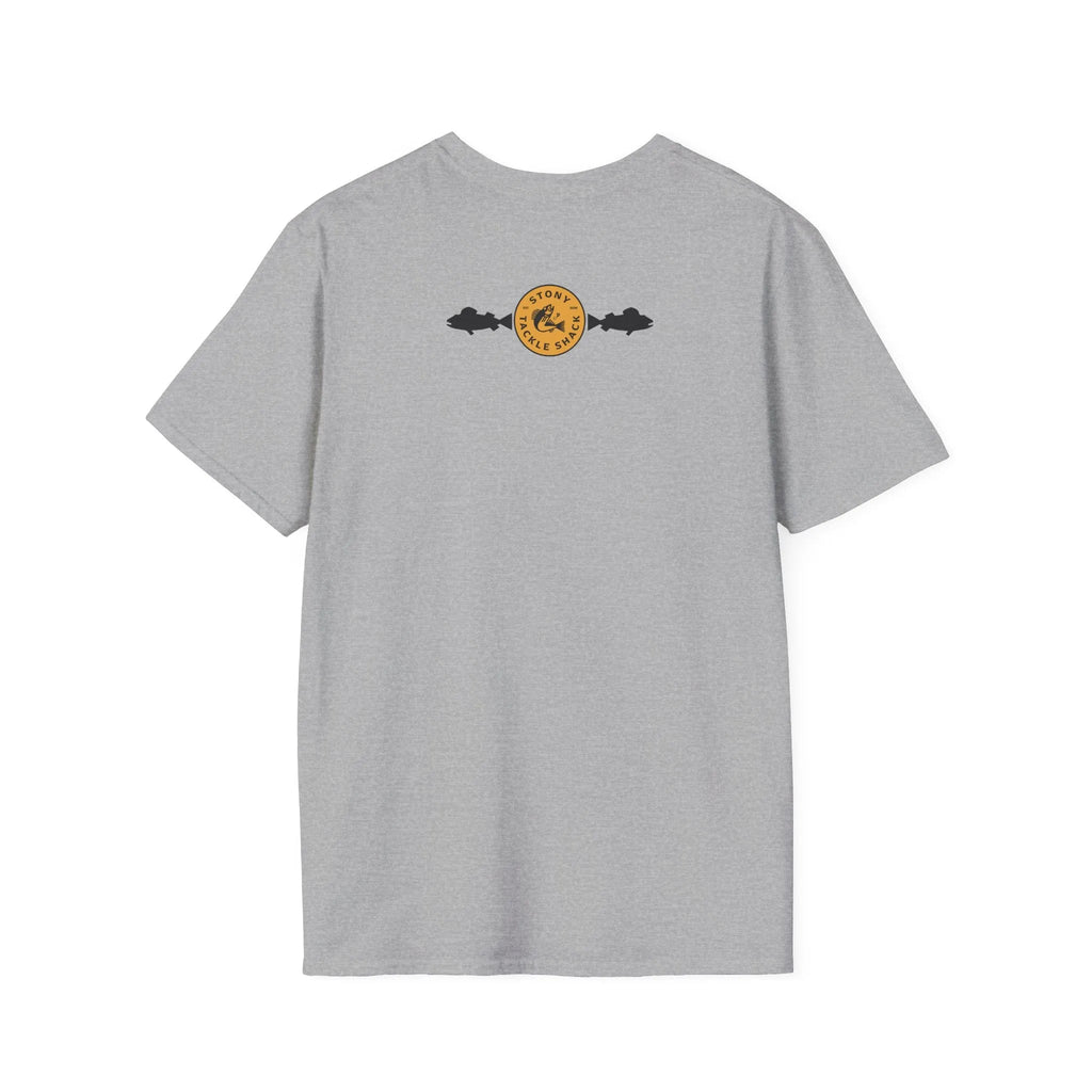 Gray t-shirt with a yellow logo on the back against a white background
