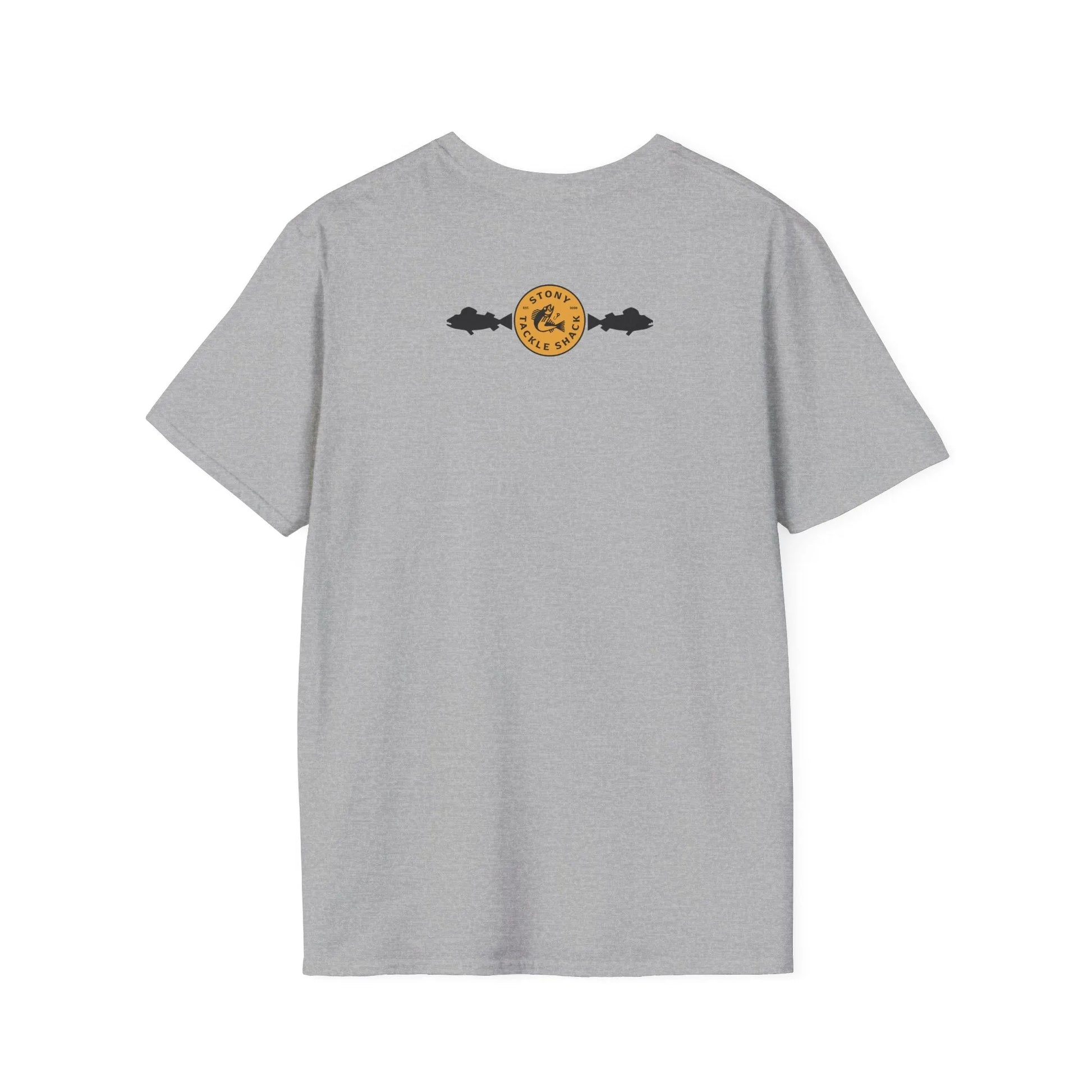 Gray t-shirt with a yellow logo on the back against a white background