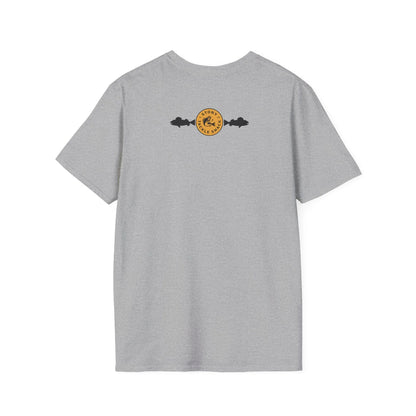 Gray t-shirt with a yellow logo on the back against a white background