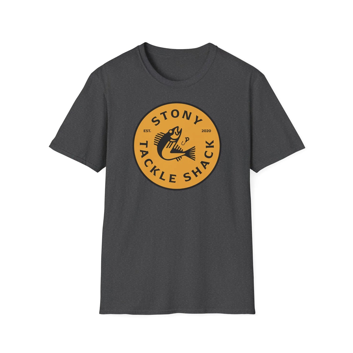 Gray t-shirt with yellow 'Stony Tackle Shack' logo on a white background