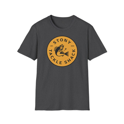 Gray t-shirt with yellow 'Stony Tackle Shack' logo on a white background