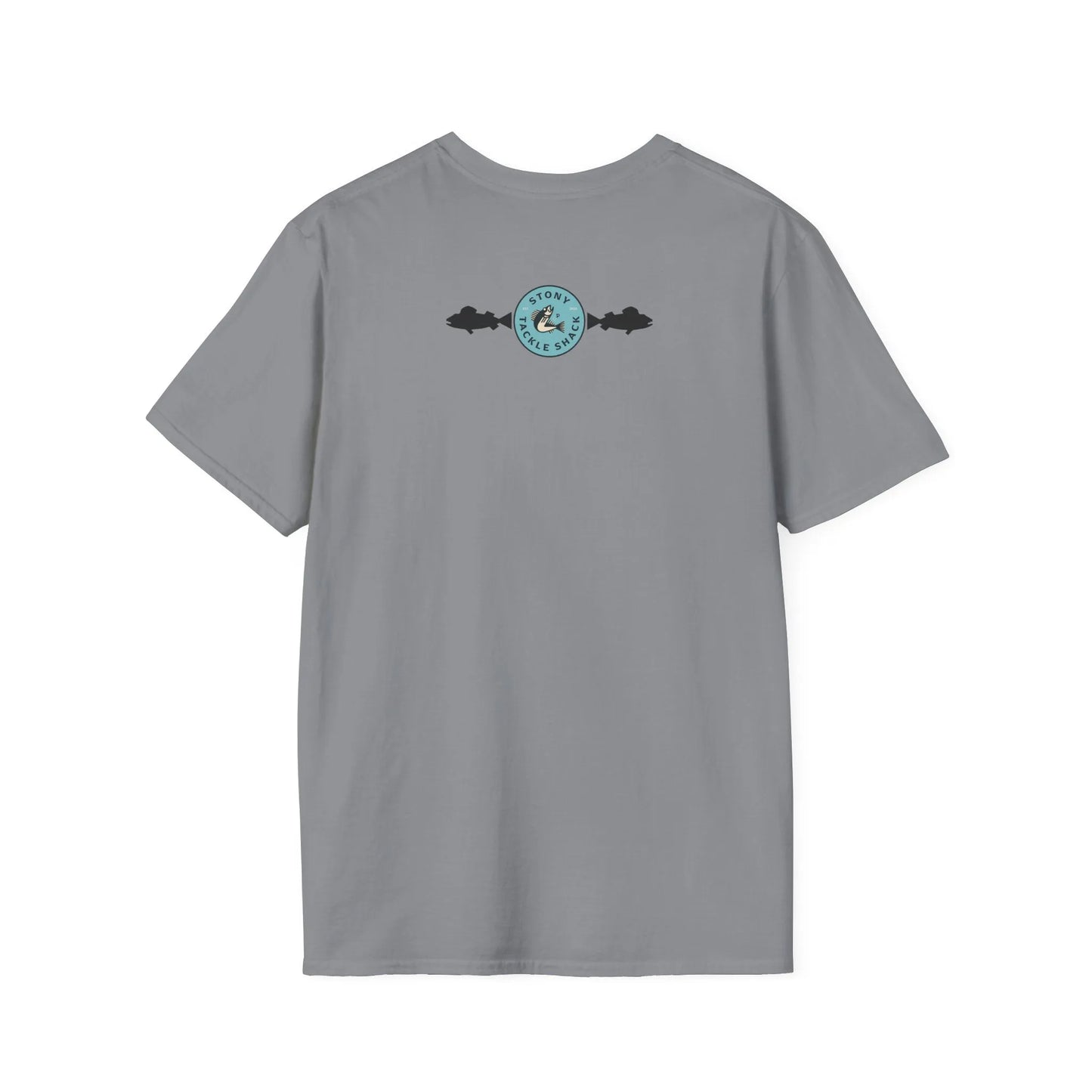 Asphalt Gray t-shirt with a logo on the back against a white background