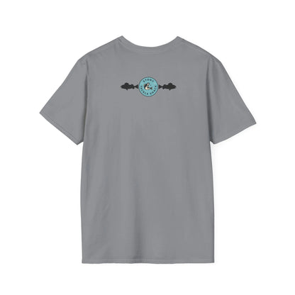 Asphalt Gray t-shirt with a logo on the back against a white background