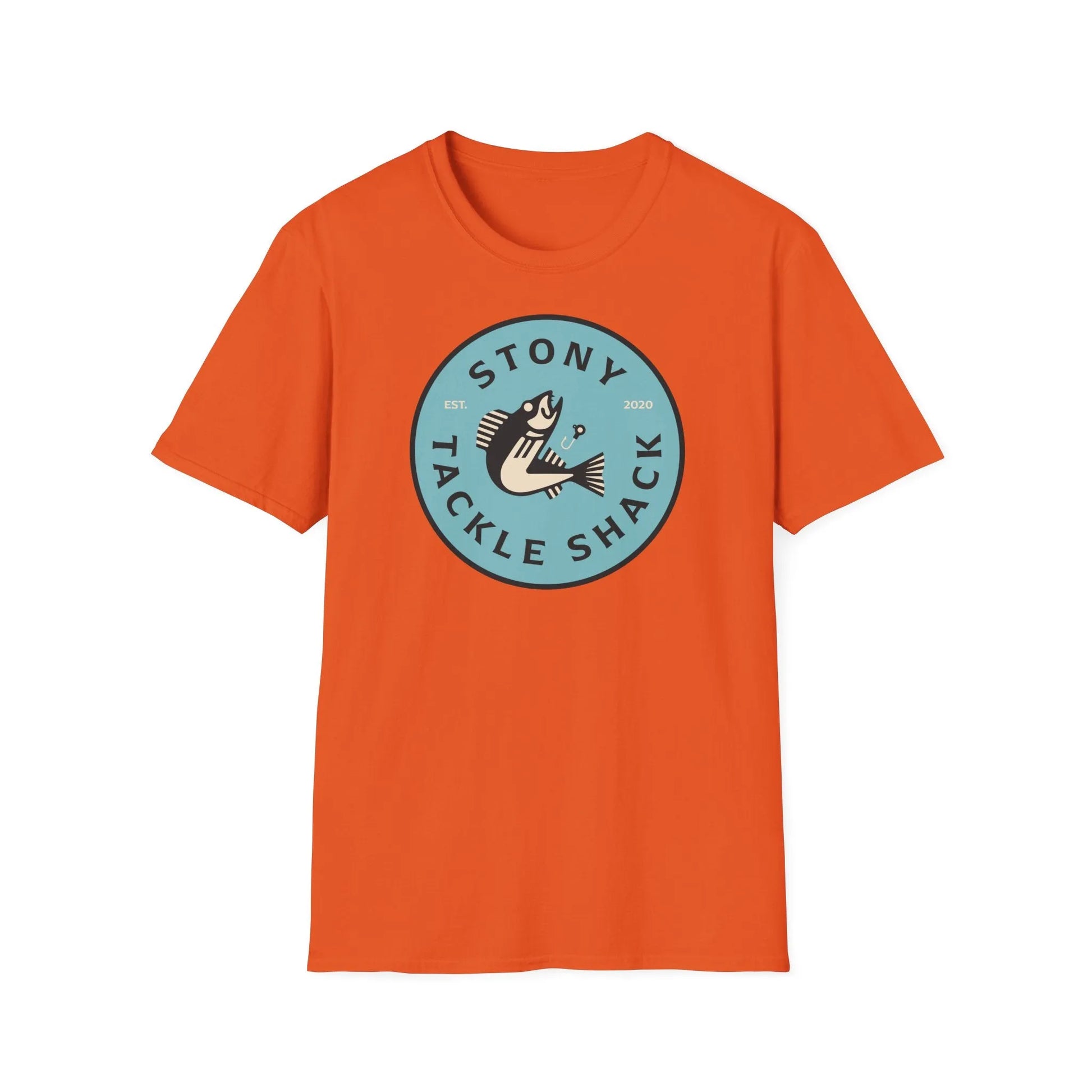 Orange t-shirt with 'Stony Tackle Shack' logo on a white background