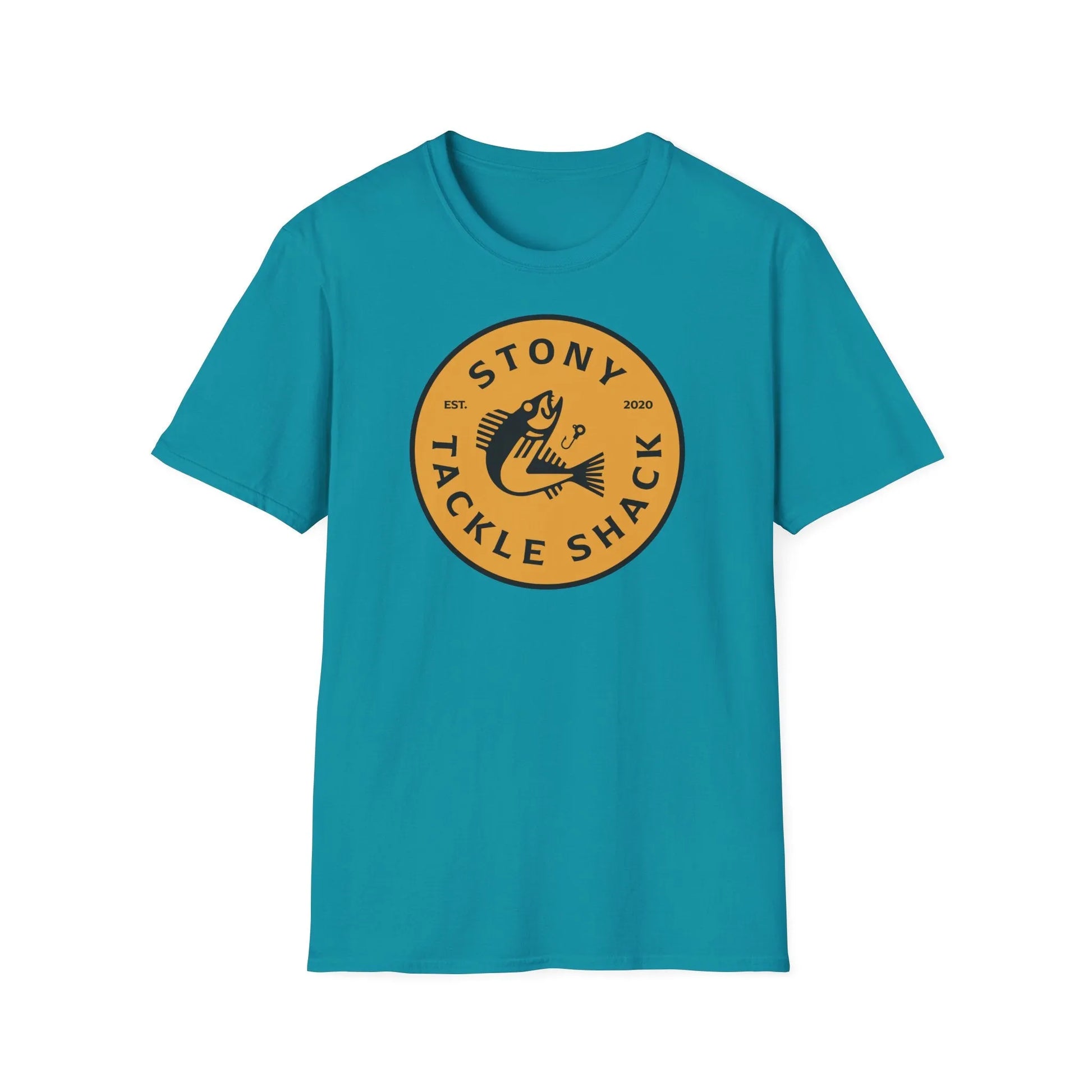 Blue t-shirt with yellow 'Stony Tackle Shack' logo on a white background
