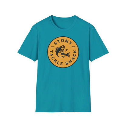 Blue t-shirt with yellow 'Stony Tackle Shack' logo on a white background