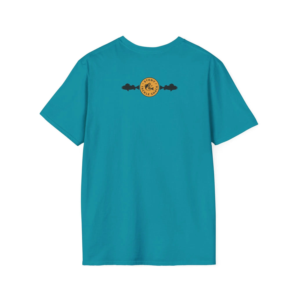 Teal t-shirt with a yellow logo on the back against a white background