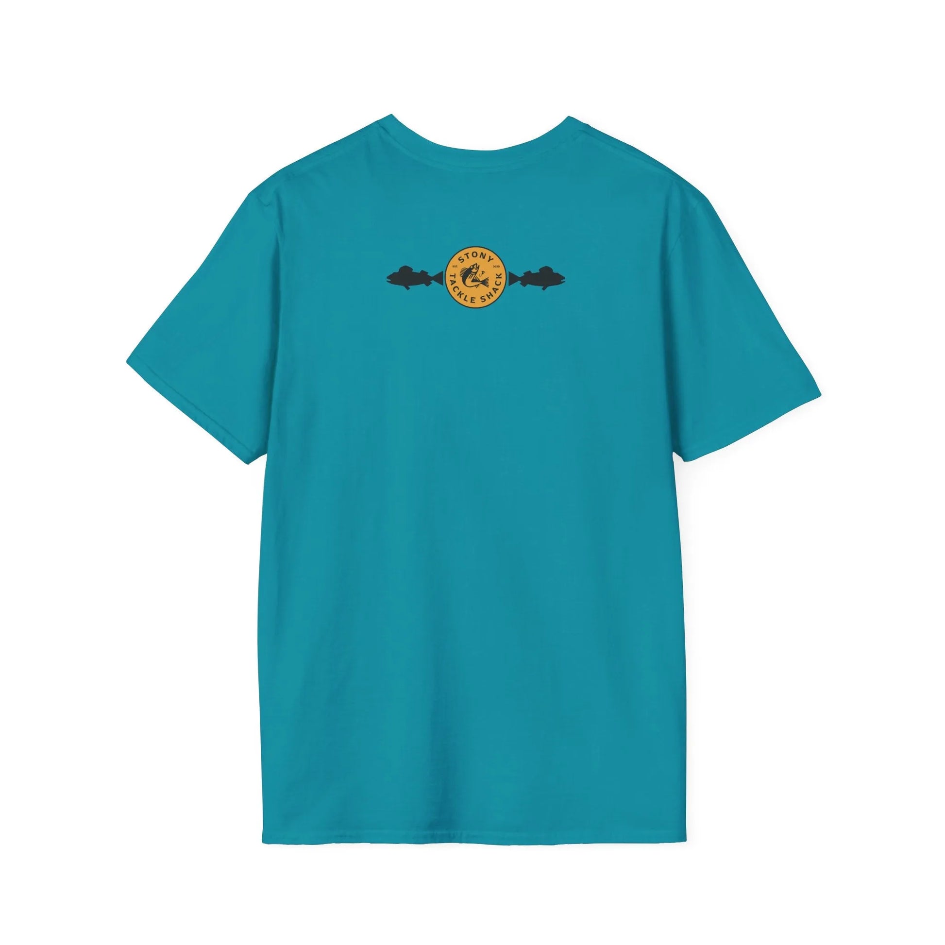 Teal t-shirt with a yellow logo on the back against a white background