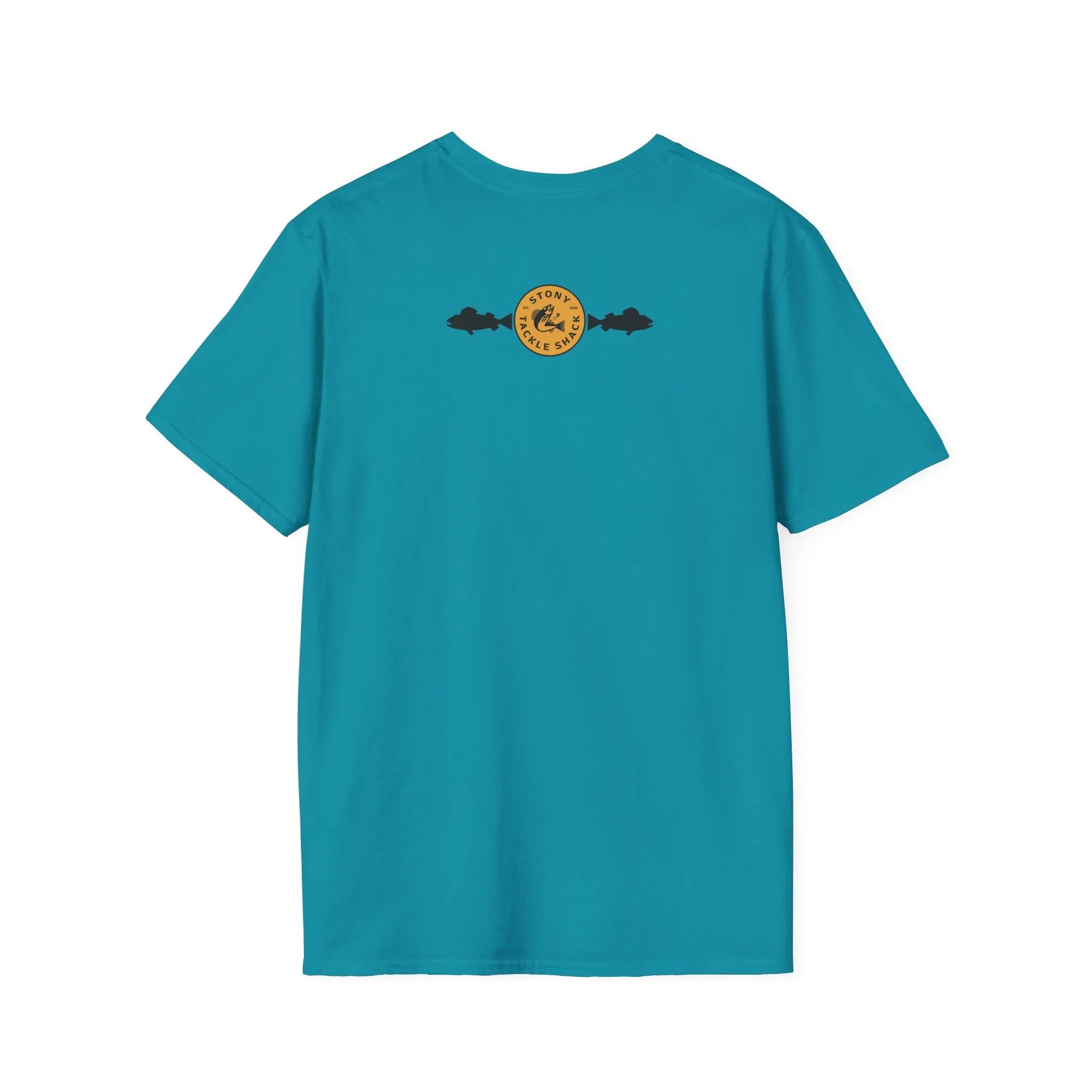 Teal t-shirt with a yellow logo on the back against a white background