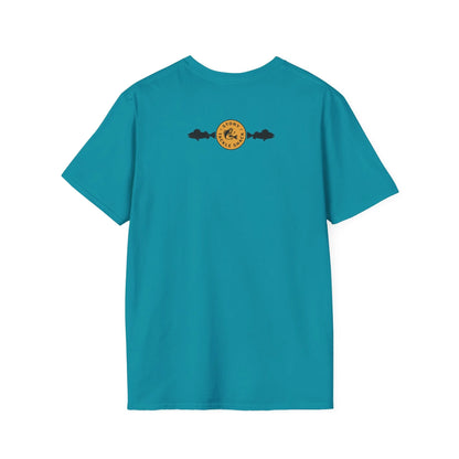 Teal t-shirt with a yellow logo on the back against a white background