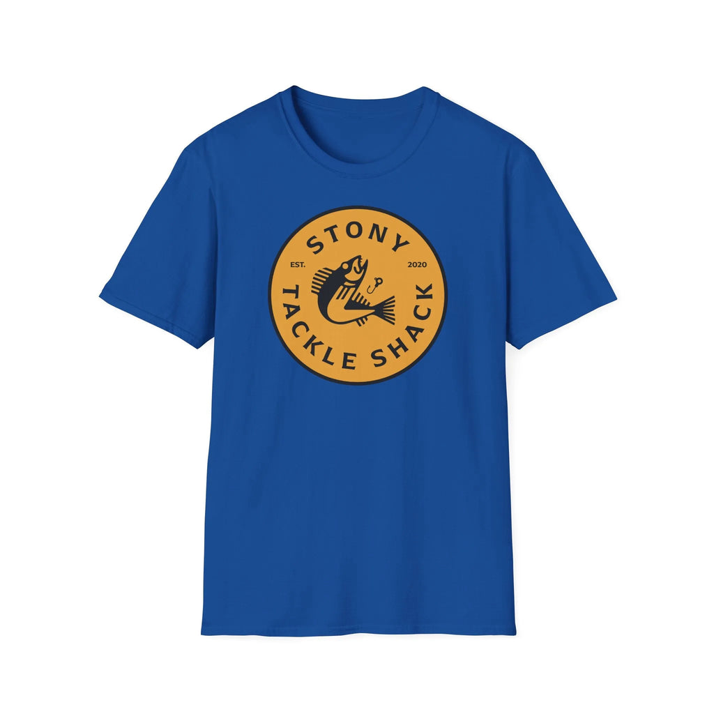 Blue t-shirt with a yellow logo on a white background