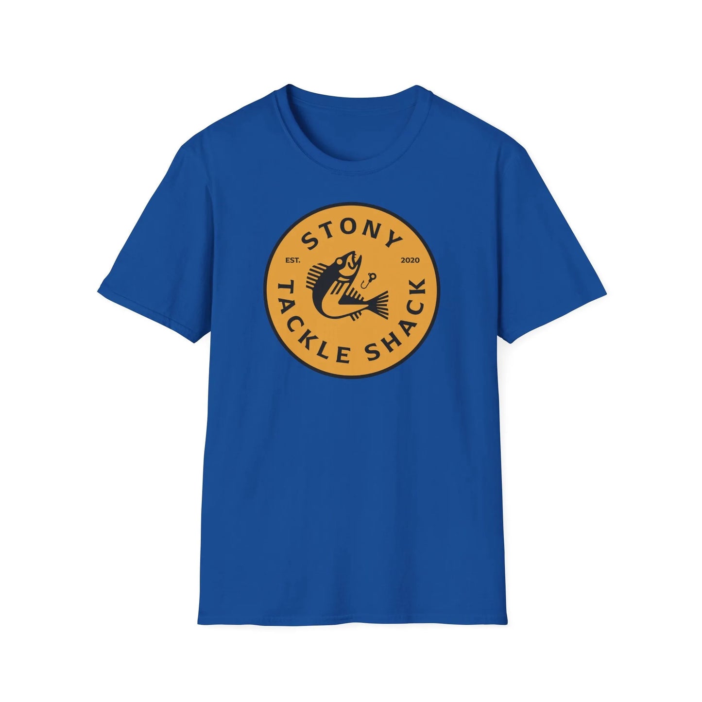 Blue t-shirt with a yellow logo on a white background